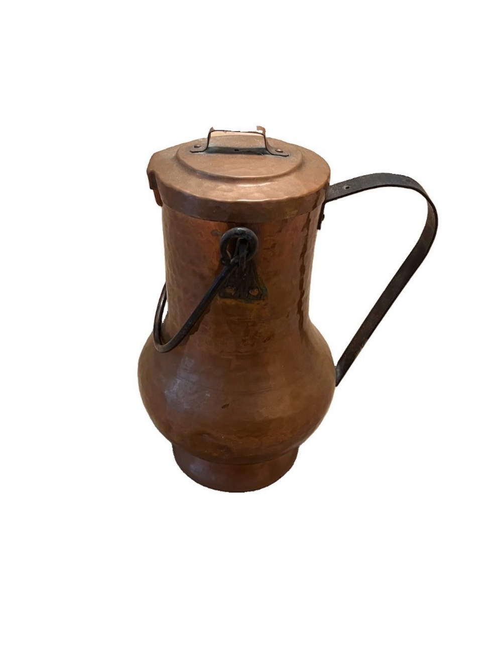 Antique Lg Old Hand Hammered Copper Brass Pitcher Jug with Handle and Top Metal